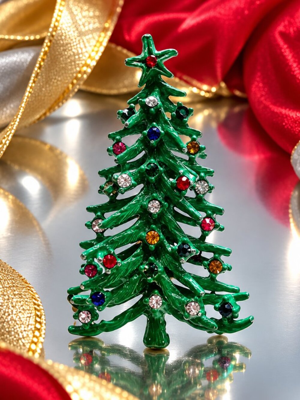 1940s Old Vintage Christmas Tree Pin Old Dr Suess Frasier Fur Design w Rhineston